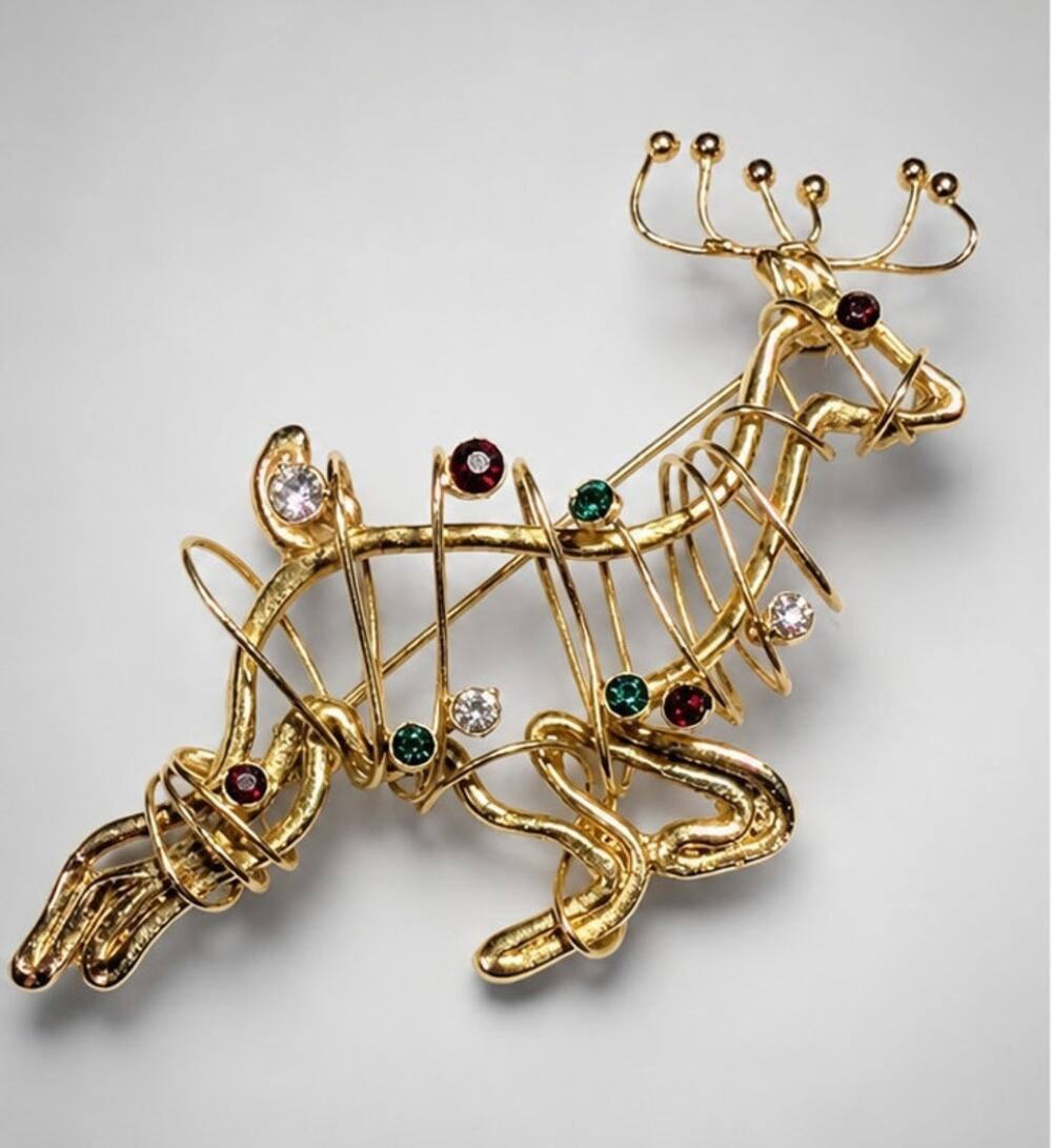 Reindeer Christmas Brooch Pin Rhinestones 3" x 2" Gold-tone Red Green Vintage ho